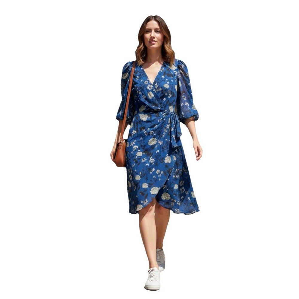 Halogen Nordstrom Rack Blue Floral V-Neck Fit & Flare  Dress Small